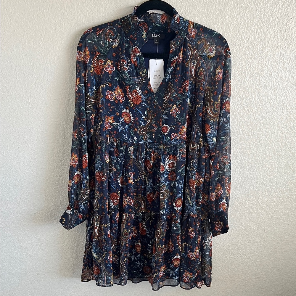 NWT MSK Long Sleeve Floral Dress - Navy and Red